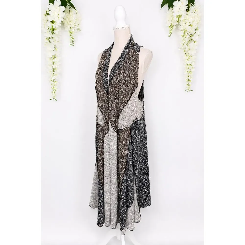Lagenlook Open Knit Duster Vest Large Wool Blend Gray Marled Waterfall Boho - Picture 2 of 15